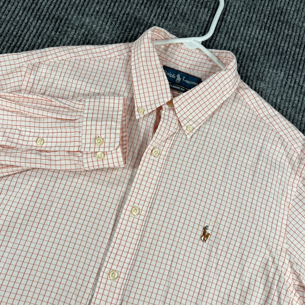 Ralph Lauren Shirt Mens 16.5 Orange White Check Long Sleeve Button Down Classic